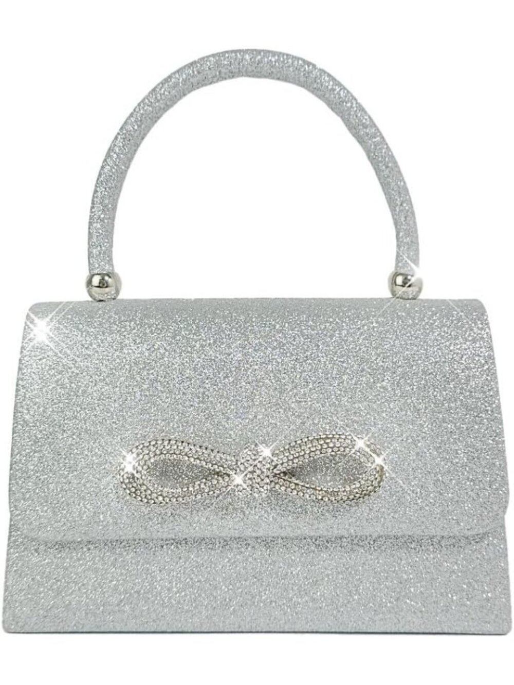 Women's Silver Sparkly Bow Clutch Purse Rhinestone Glitter Evening Bag